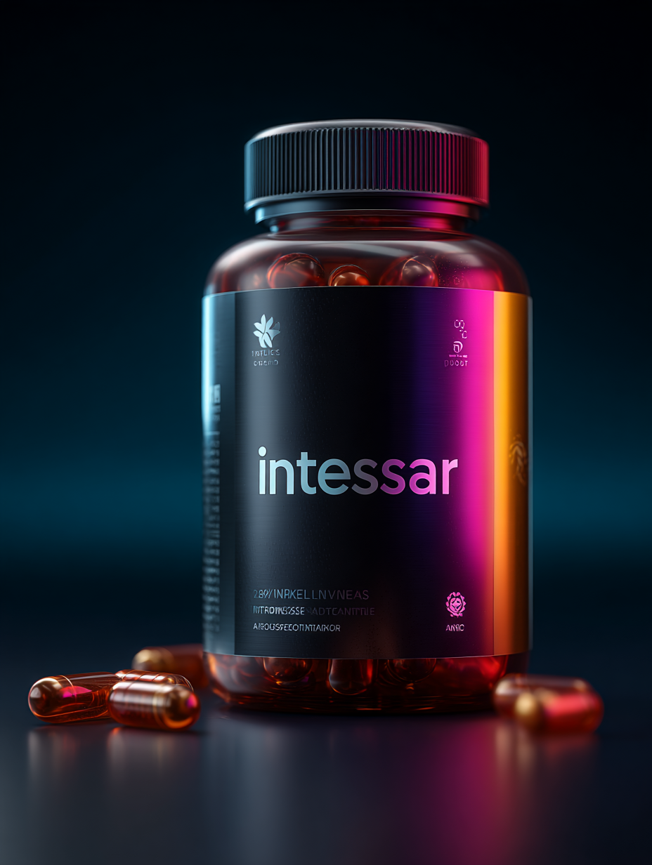 Intessar supliment natural în capsule pentru circulația sanguină, ambalaj verde cu 60 de capsule, pe fundal neutru alb